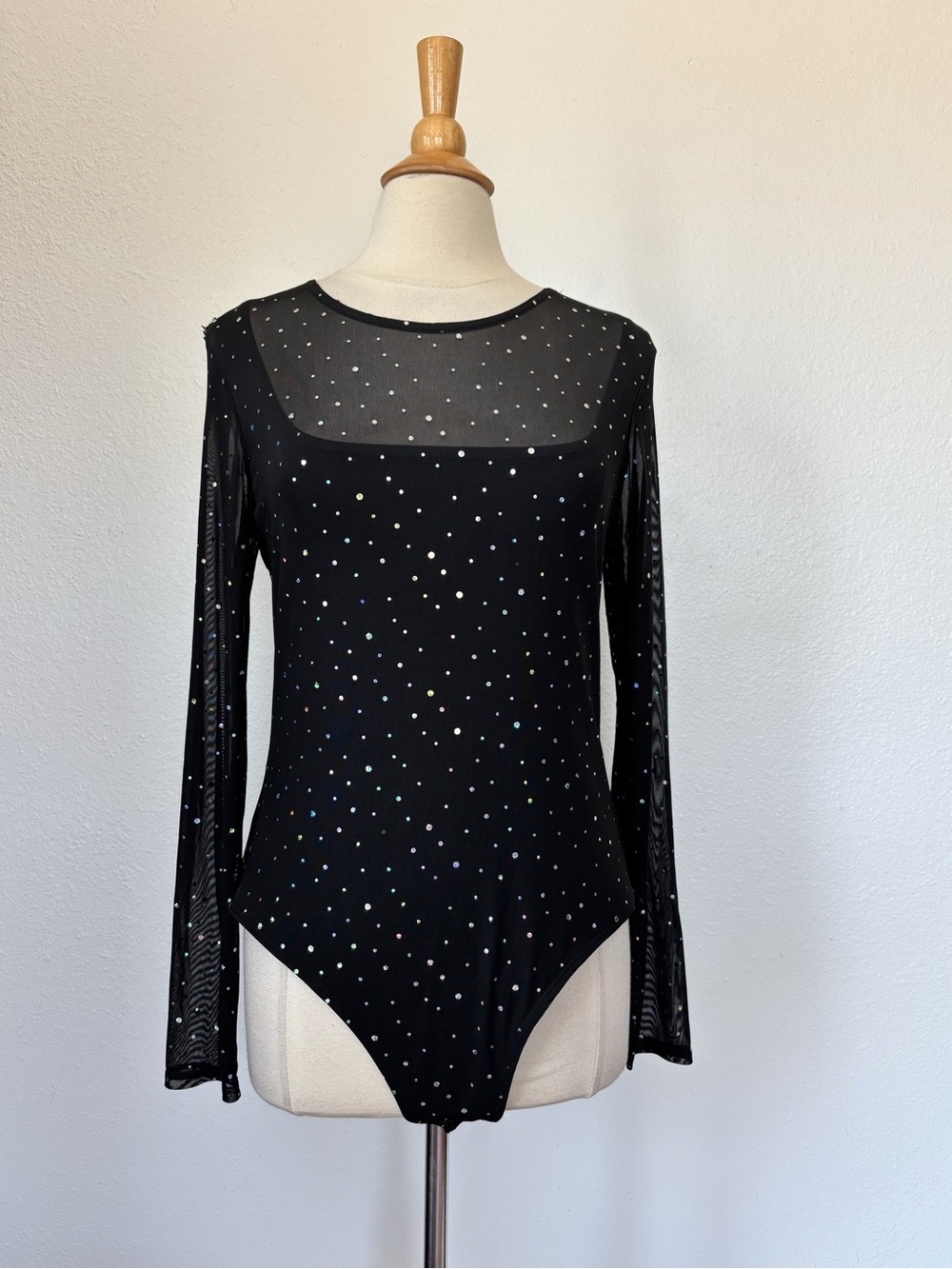 Black Sequin Long Sleeve Sheer Mesh Bodysuit